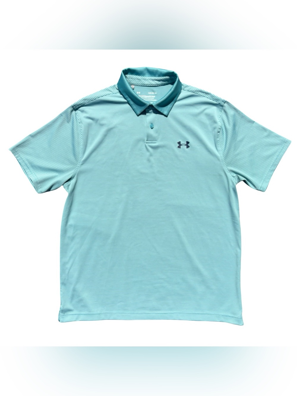 Under Armour Mens L HeatGear Golf Polo Shirt Teal Striped Loose Fit Performance
